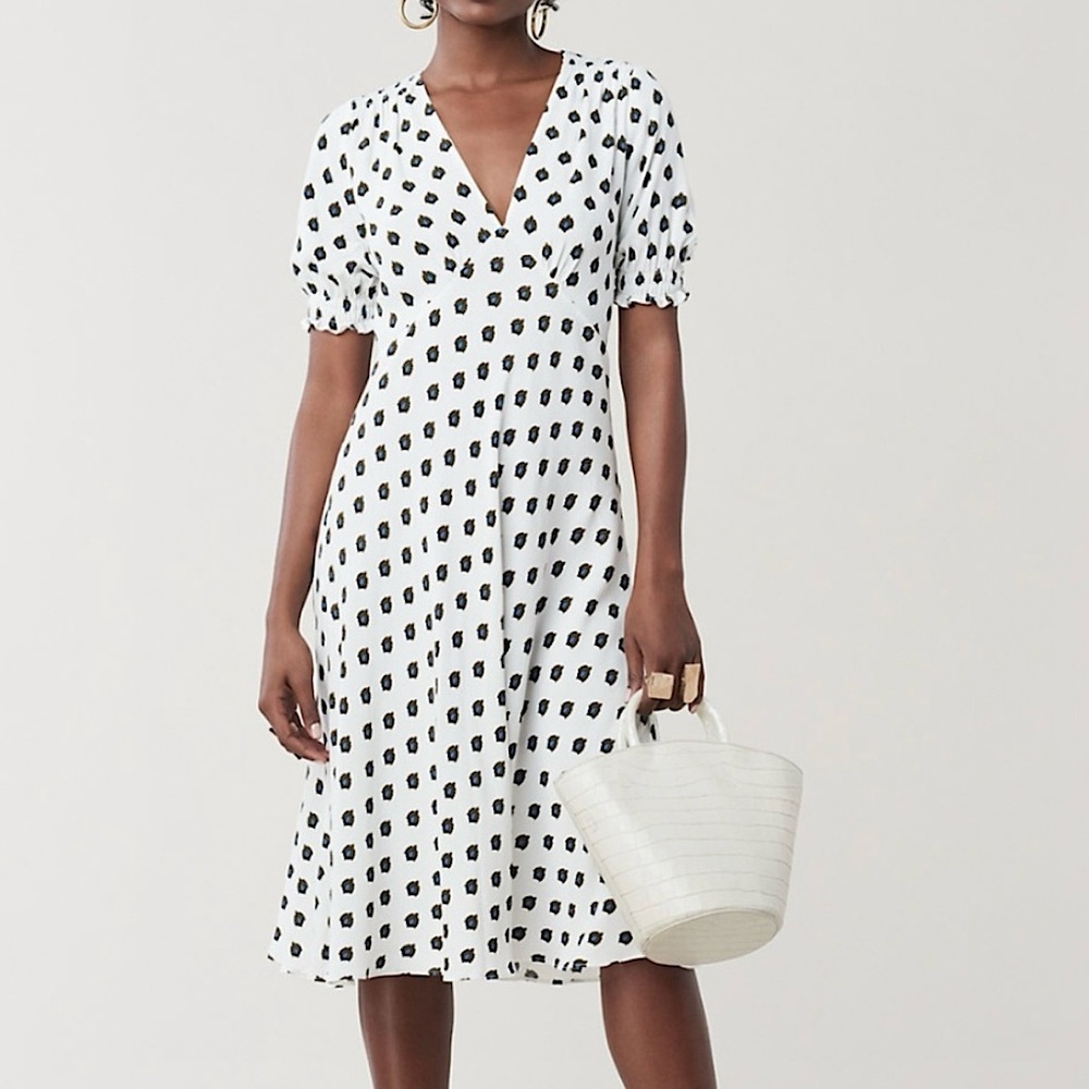 Diane Von Furstenberg Jemma Cinch Sleeve Crepe Midi Dress Fleur Dot Ivory Size 2